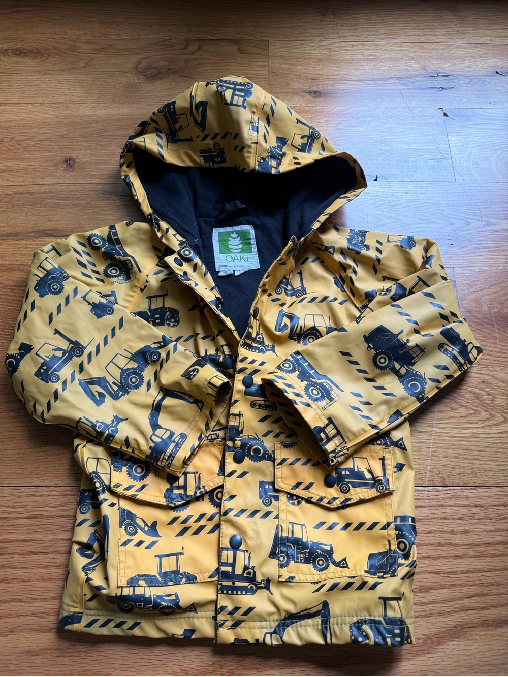 Oaki 4T Yellow Construction-Print Kids Rain Jacket with Hood - lined!  Nice!!!
